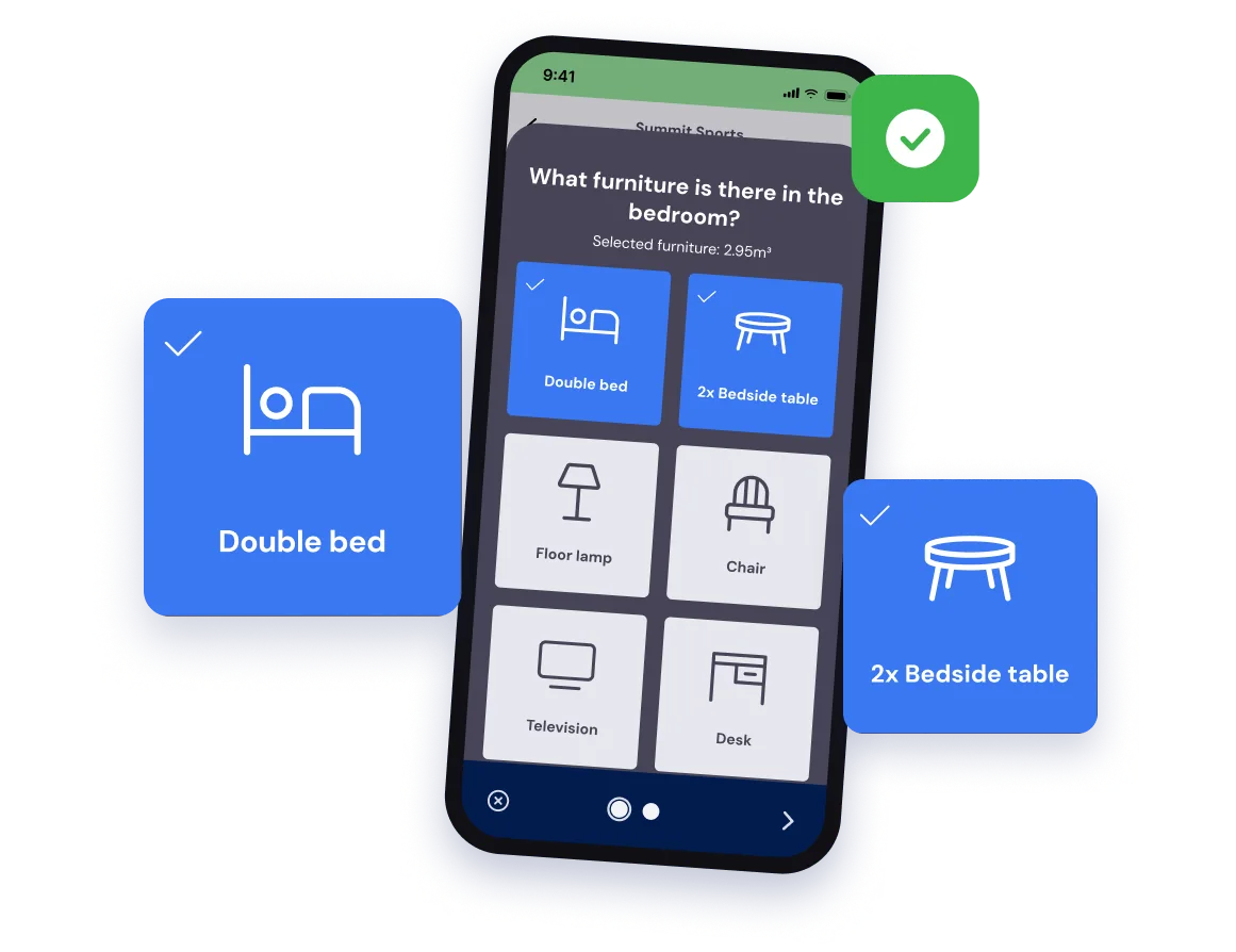 Survey in the employee app: tap the furniture in each room and see the volume in m³ straight away