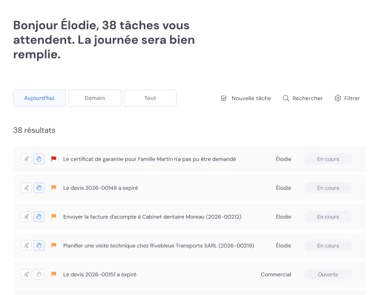 La liste des tâches du jour dans Bas