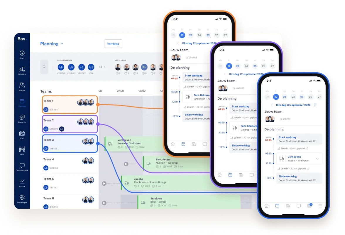 Planbord in Bas en de dagplanning van drie ploegen in de medewerker-app