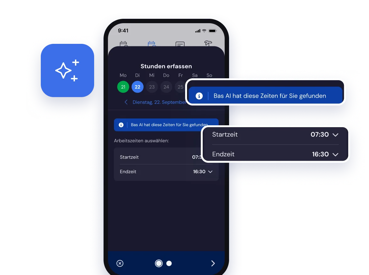 Zeiterfassung in der Bas-App mit vorgeschlagenen Arbeitszeiten