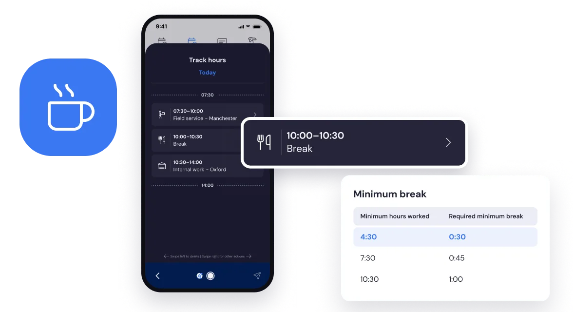 Time tracking in the Bas employee app with an automatically added break from 10:00 to 10:30, next to the break rule: from 4:30 hours worked, a minimum break of 0:30