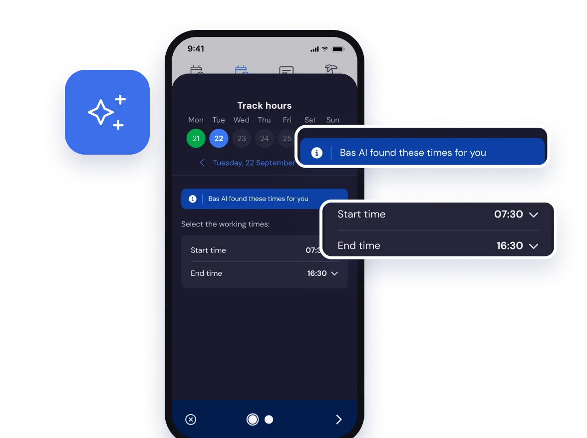 Time tracking in the Bas app with suggested working times