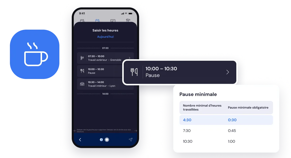 Suivi des heures dans l'application collaborateur Bas avec une pause ajoutée automatiquement de 10:00 à 10:30, à côté de la règle : à partir de 4:30 heures travaillées, au moins 0:30 de pause