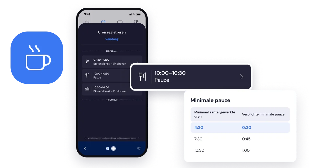 Urenregistratie in de Bas medewerker-app met een automatisch ingepland pauzeblok van 10:00 tot 10:30, naast de pauzeregel: vanaf 4:30 uur werk minimaal 0:30 pauze