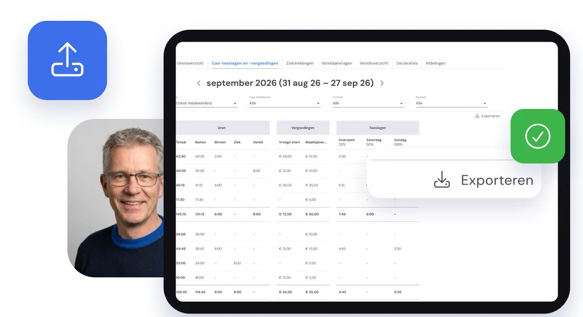 Het overzicht Cao-toeslagen en -vergoedingen over september 2026, met de knop Exporteren