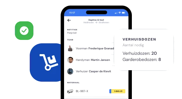 Informations sur la mission dans l'appli Bas avec équipe et matériel