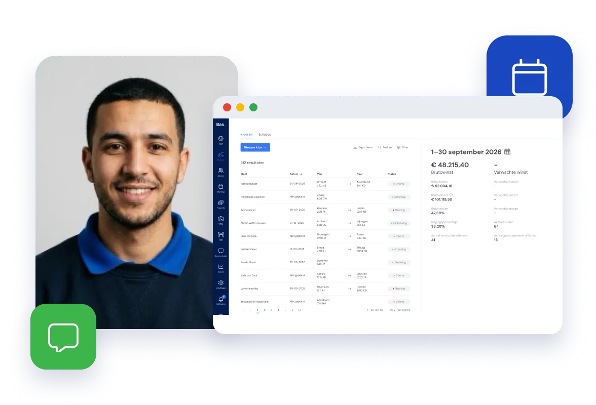 Een online demo van Bas: het facturenoverzicht als gedeeld scherm, naast een medewerker van Bas