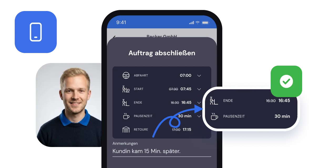 Auftrag abschließen in der Mitarbeiter-App: Abfahrt, Start, Ende, Pause und Rückkehr bestätigen
