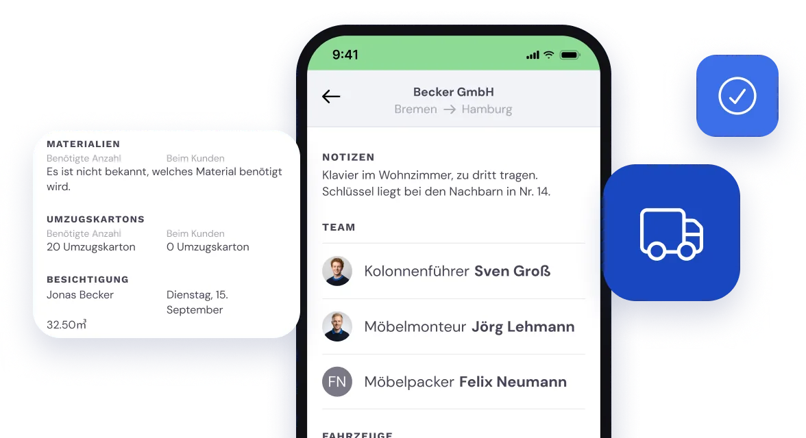 Auftragsdetails in der Mitarbeiter-App: Notizen, Team, Material, Umzugskartons und Besichtigung