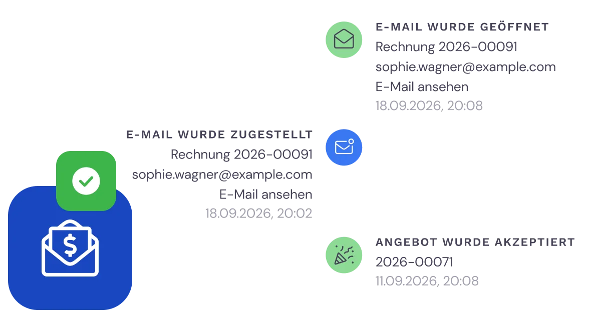 Zeitleiste einer Rechnung in Bas: E-Mail zugestellt und vom Kunden geöffnet