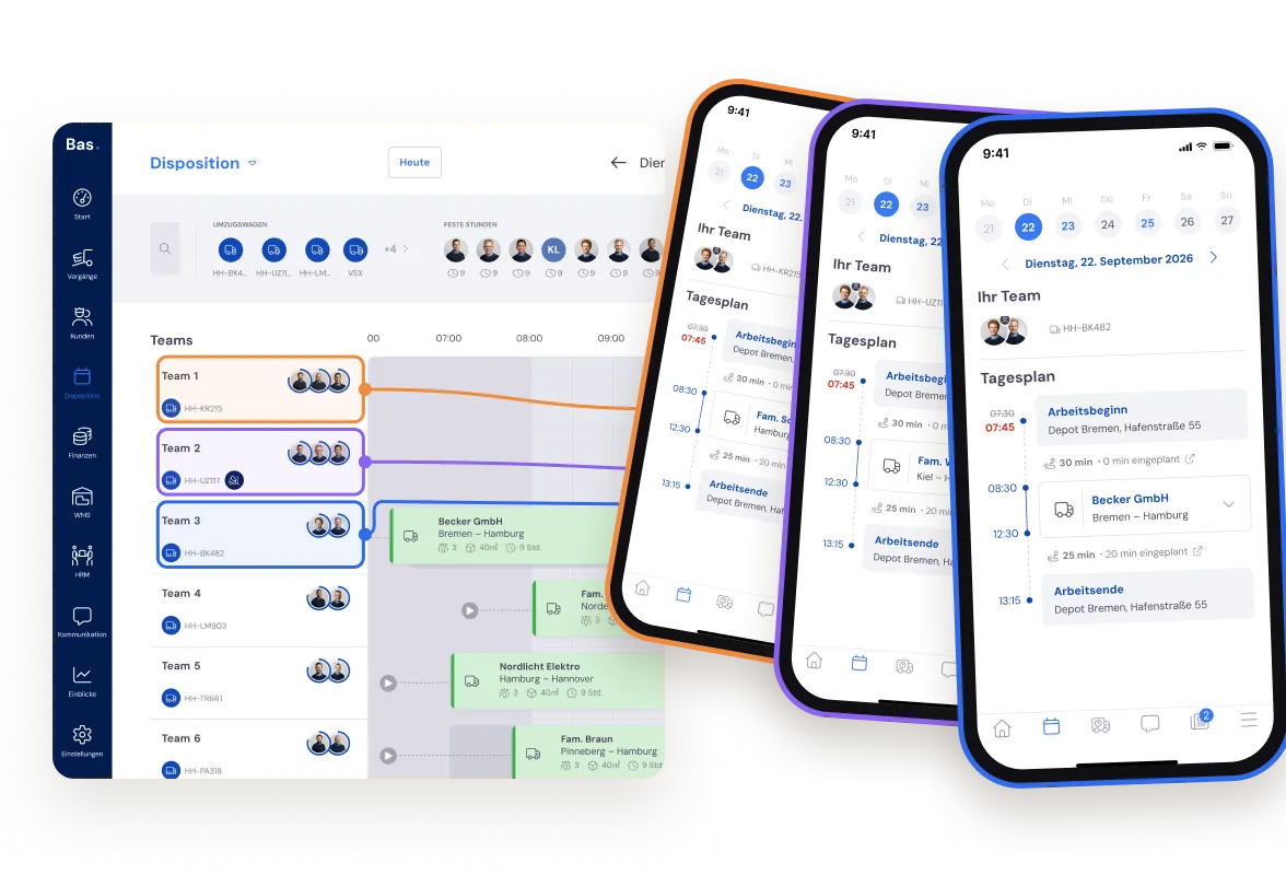 Dispositionstafel in Bas mit dem Tagesplan jedes Teams auf dem Handy in der Mitarbeiter-App