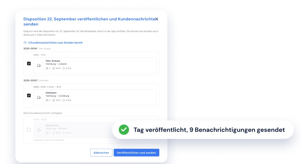 Tagesdisposition in Bas veröffentlichen und Kundennachrichten senden, mit der Bestätigung, dass die Mitarbeiter benachrichtigt wurden