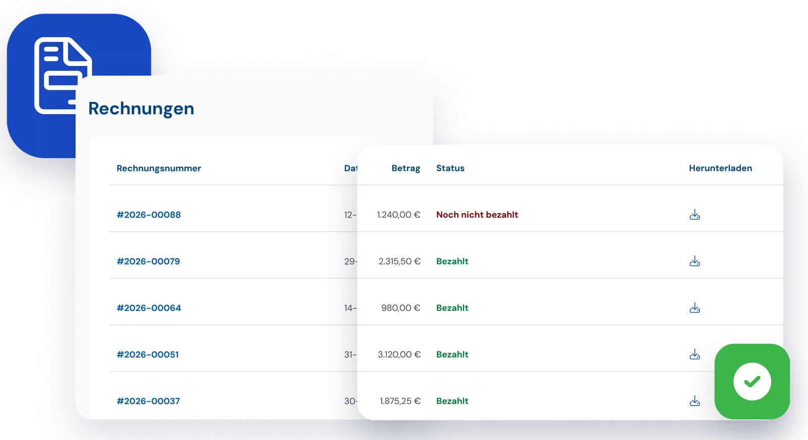 Rechnungen im Kundenportal mit Betrag, Status und Download