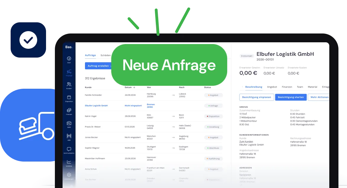 Neue Anfrage in der Auftragsübersicht von Bas, mit dem bereits geöffneten Vorgang und allen ausgefüllten Angaben