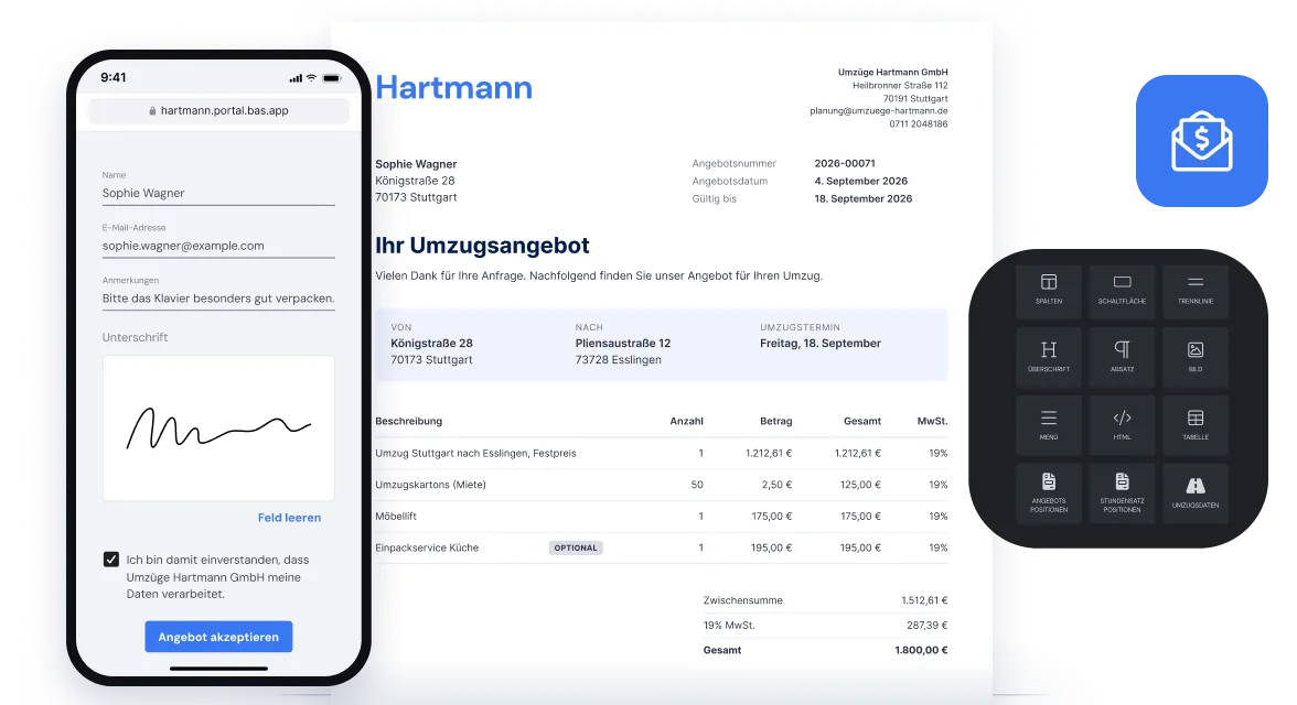 Angebot im Design des Umzugsunternehmens, der Vorlagen-Editor von Bas und der Kunde, der das Angebot online auf dem Handy annimmt