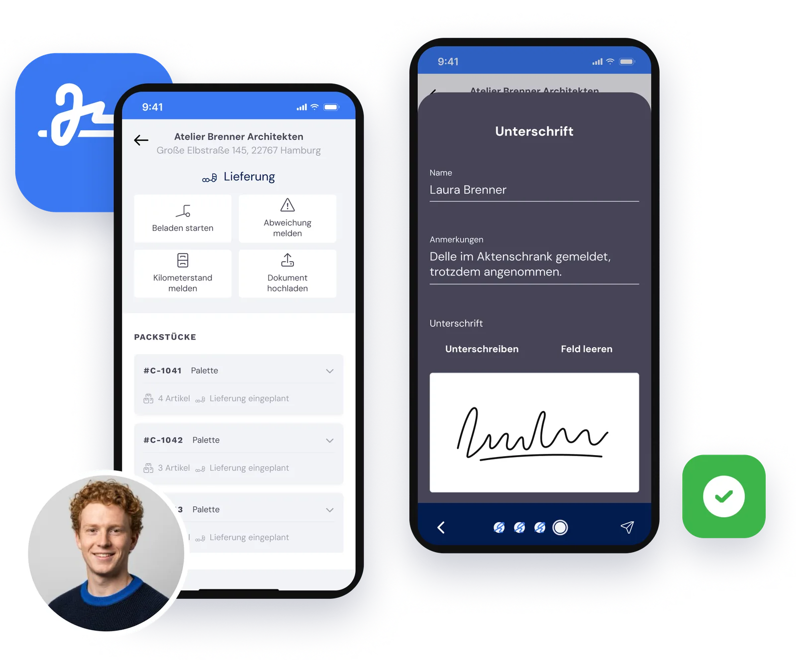 Die Mitarbeiter-App: ein geöffneter Stopp und der Empfänger unterschreibt für die Lieferung