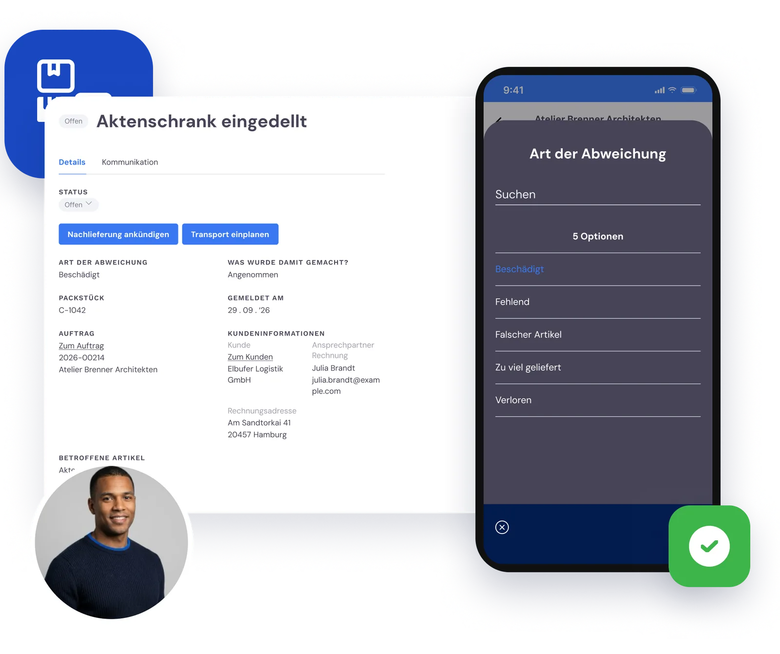 Ein beschädigter Aktenschrank als Abweichung gemeldet, mit den Arten der Abweichung in der App