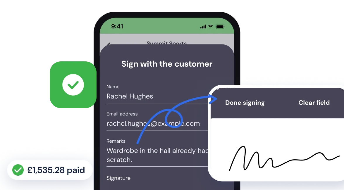 The team leader has the customer sign in the app and the amount is paid