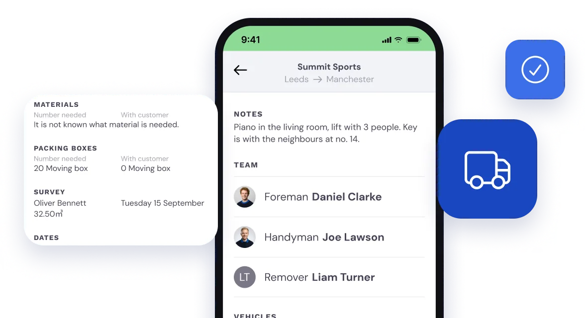 Job details in the employee app: notes, team, materials, moving boxes and survey