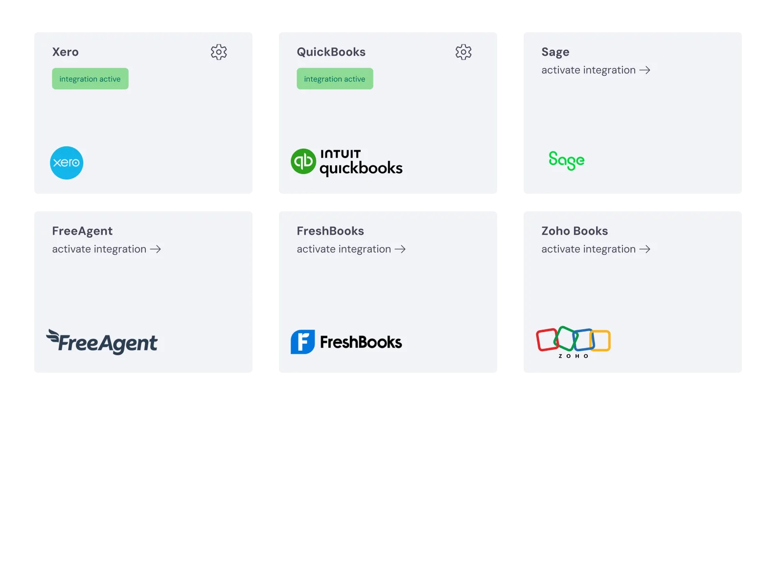 Accounting integrations in Bas: Xero, QuickBooks, Sage, FreeAgent, FreshBooks and Zoho Books