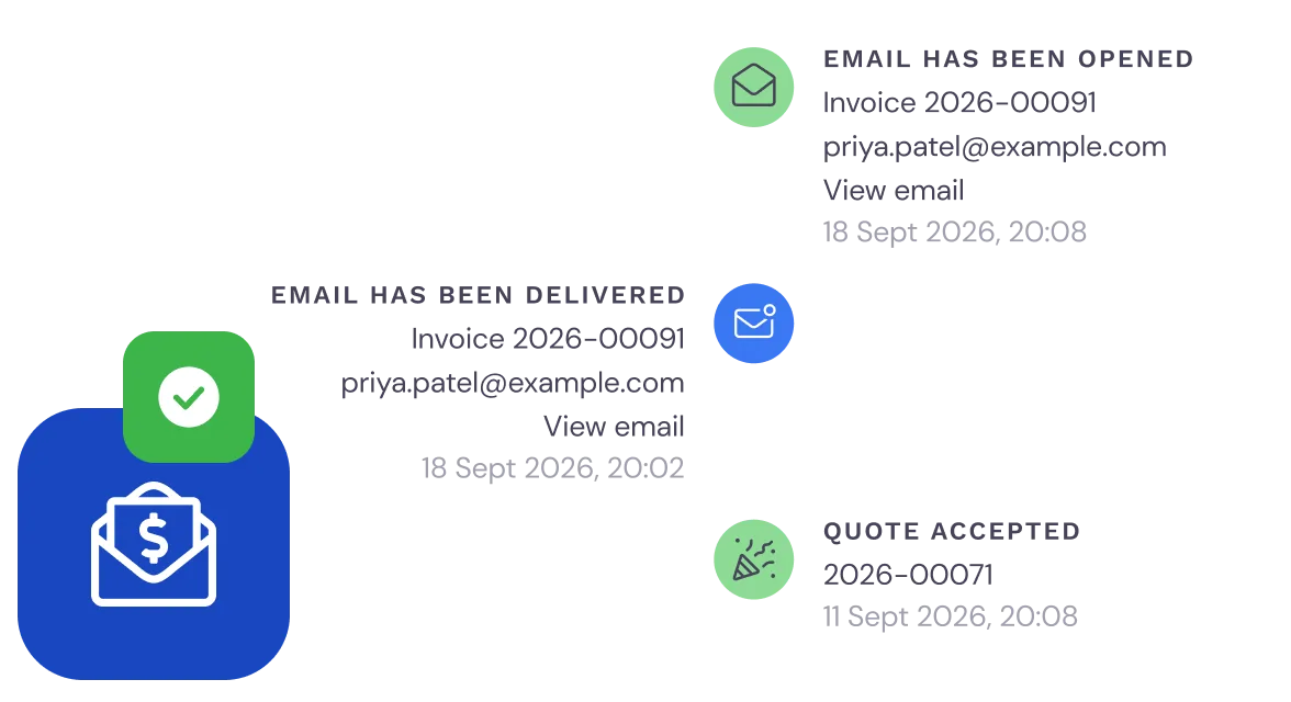 Timeline of an invoice in Bas: email delivered and opened by the customer