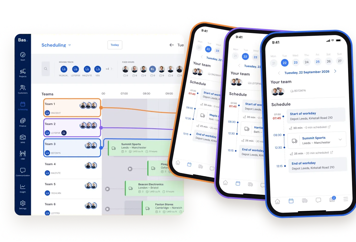 Scheduling board in Bas with each team’s day schedule on their phones in the employee app