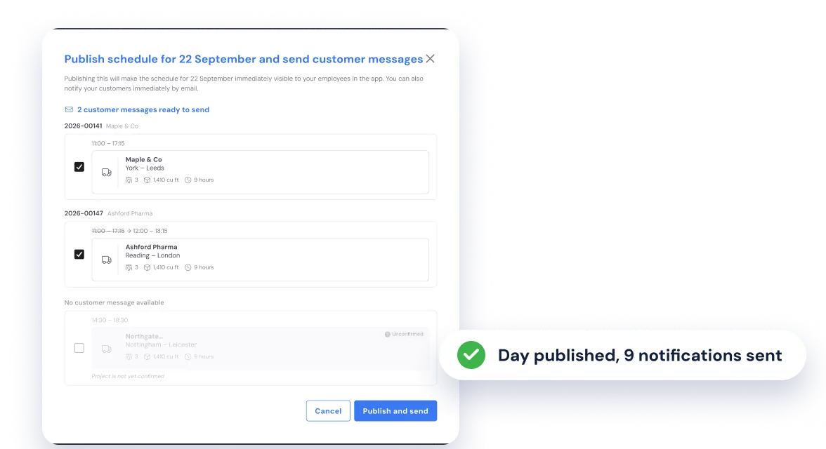 Publishing the day schedule in Bas and sending customer messages, with the confirmation that staff were notified
