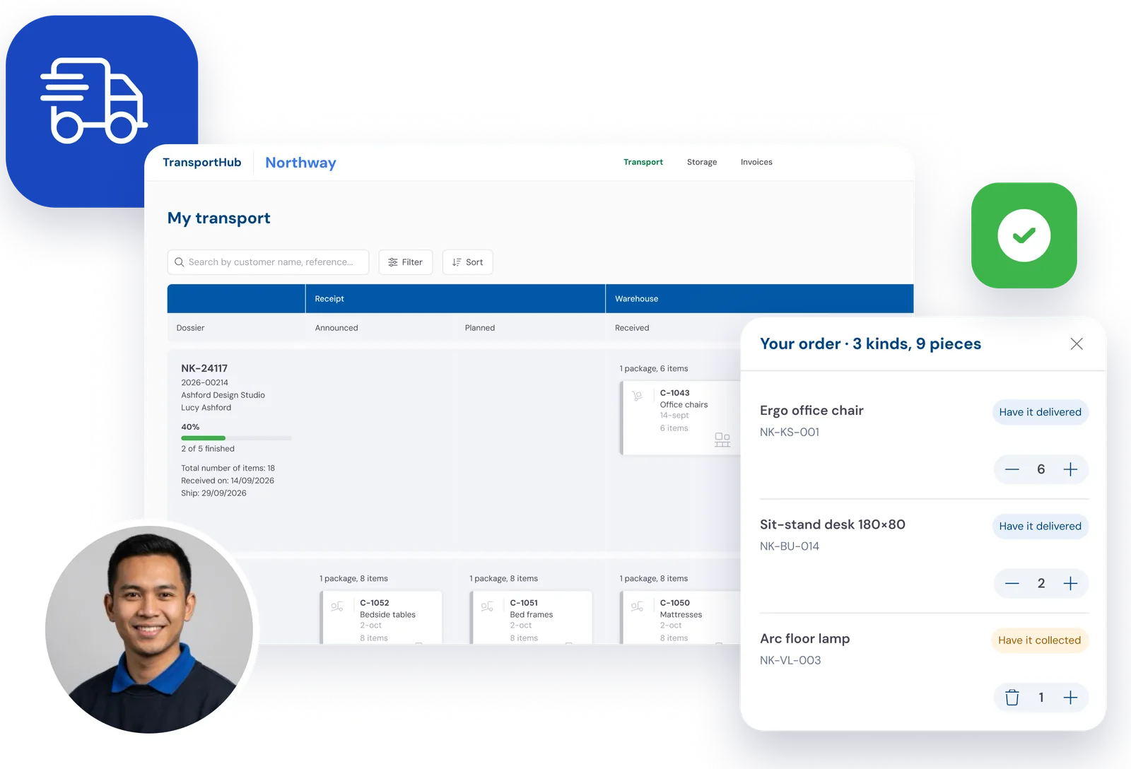 The Bas customer portal with My transport and an order from storage