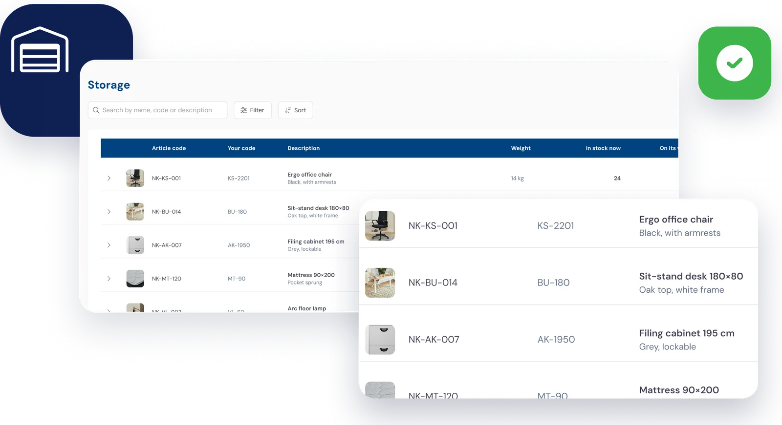 Storage in the customer portal: items with photo, code and description