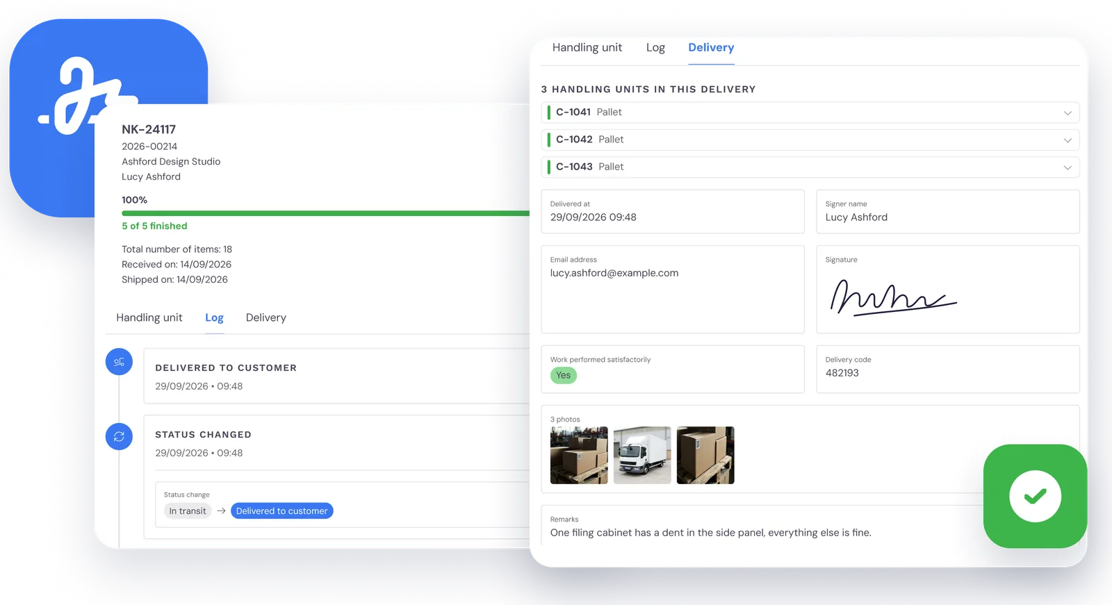 The log and the proof of delivery of a package in the customer portal