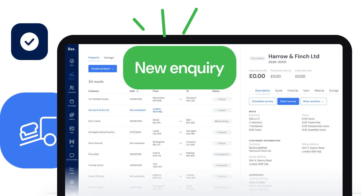 New enquiry in the Bas projects overview, with the project already open and all details filled in