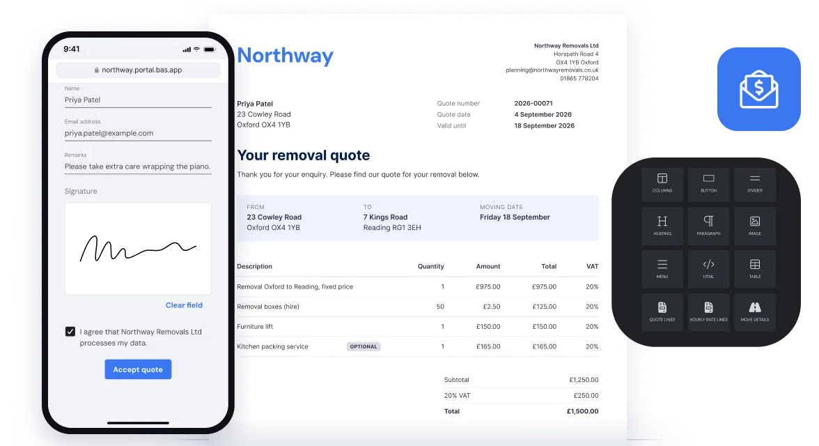 A quote in the remover’s own branding, the Bas template editor and the customer accepting the quote online on their phone