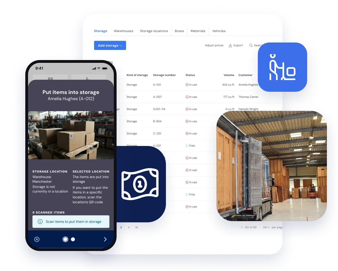 Putting items into storage with the app, next to the storage list in Bas and a photo of the warehouse