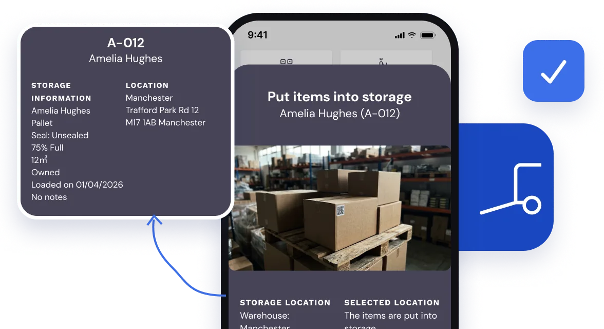 Storage details in the back office and putting items into storage with the app