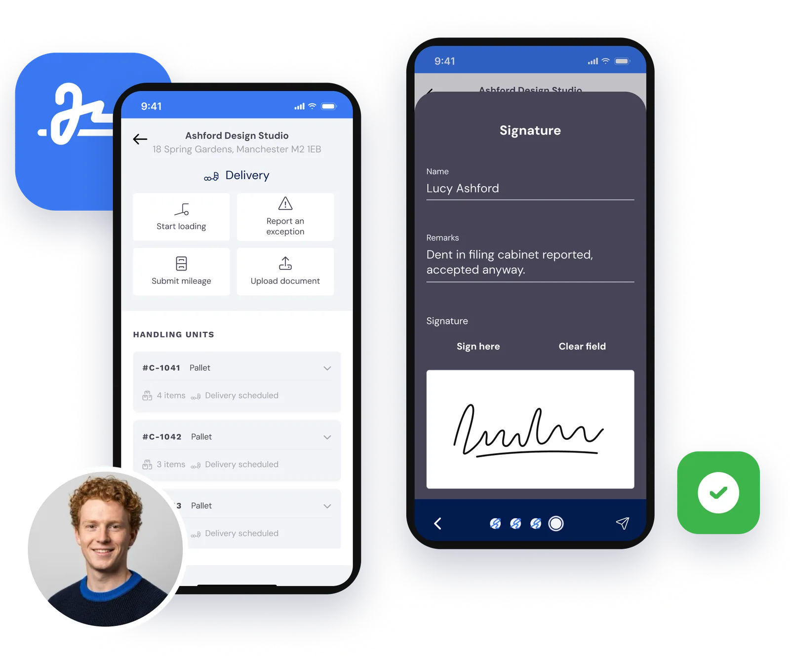 The employee app: a stop opened and the recipient signing for the delivery