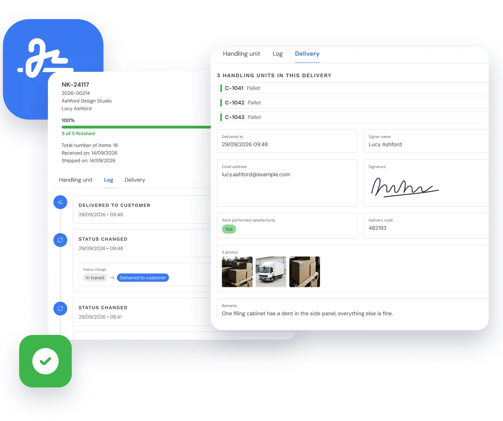 The log of a package and the proof of delivery with signature and photos in the customer portal