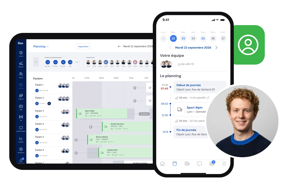 Le planning dans Bas et l’agenda du déménageur dans l’application, avec un déménageur de l’équipe
