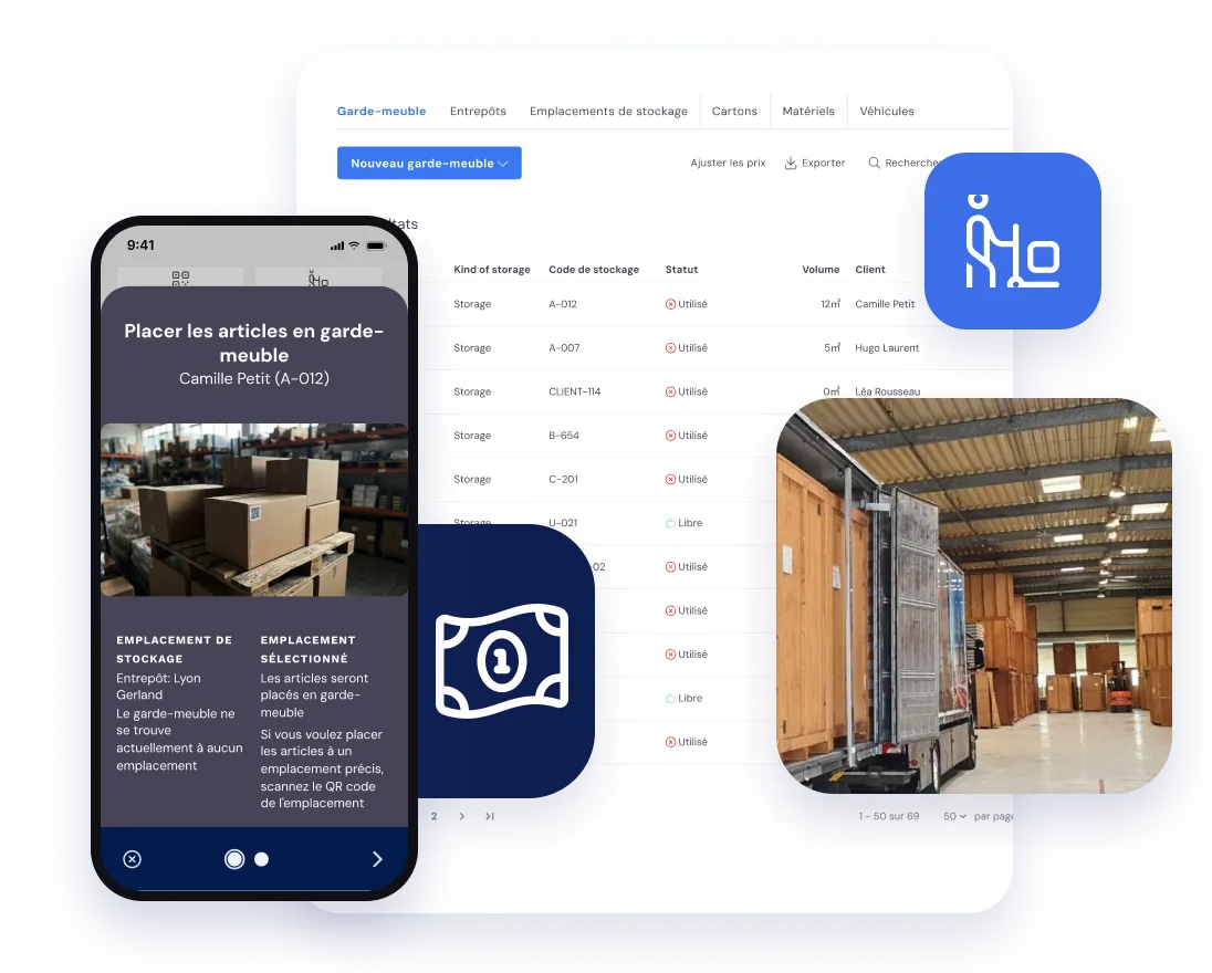 Placer des articles en garde-meuble avec l’application, à côté de la liste de stockage dans Bas
