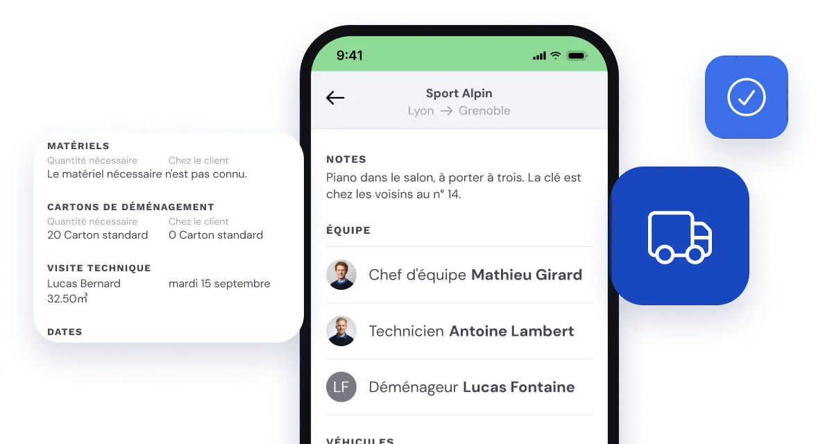 Détails de la mission dans l’application employé : notes, équipe, matériel, cartons et visite technique