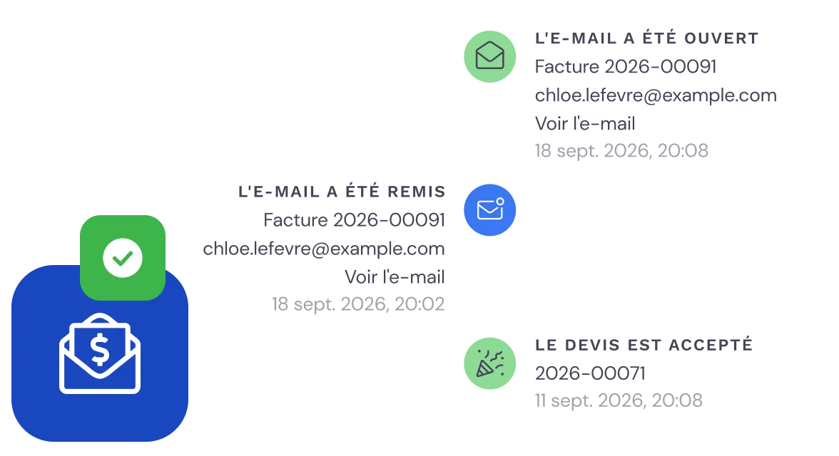Historique d’une facture dans Bas : e-mail remis et ouvert par le client