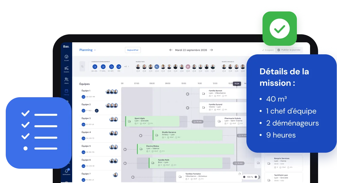 Tableau de planning dans Bas avec les détails d’un déménagement : volume, chef d’équipe, déménageurs et heures