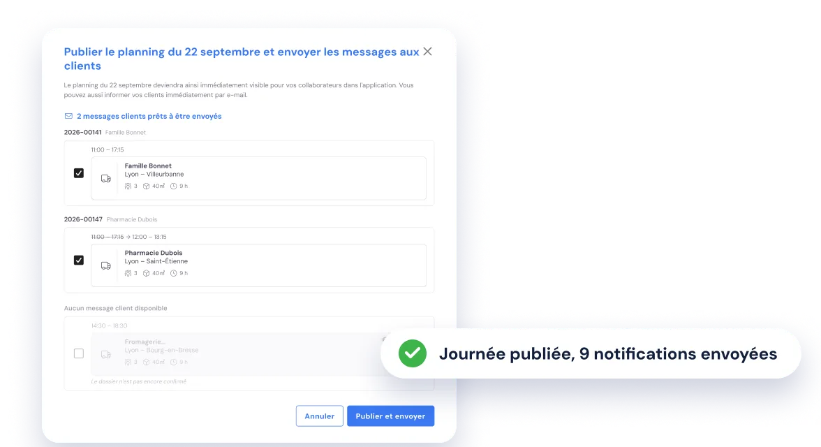 Publier le planning du jour dans Bas et envoyer les messages clients, avec la confirmation que les collaborateurs ont été notifiés