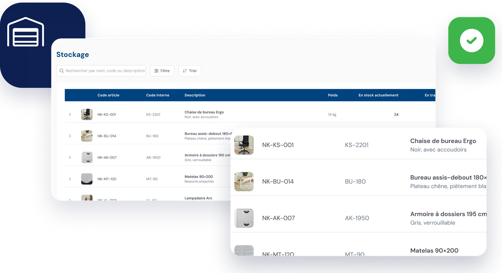 Le stockage dans le portail client : articles avec photo, code et description