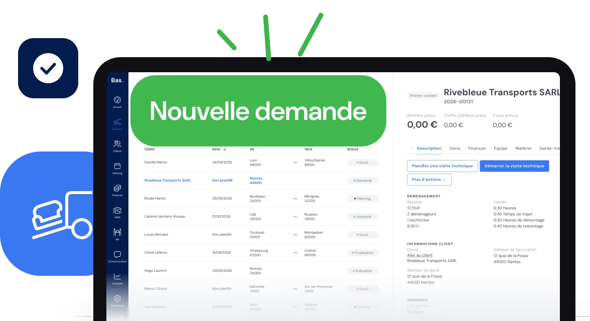 Nouvelle demande dans l’aperçu des missions de Bas, avec le dossier déjà ouvert et toutes les informations remplies