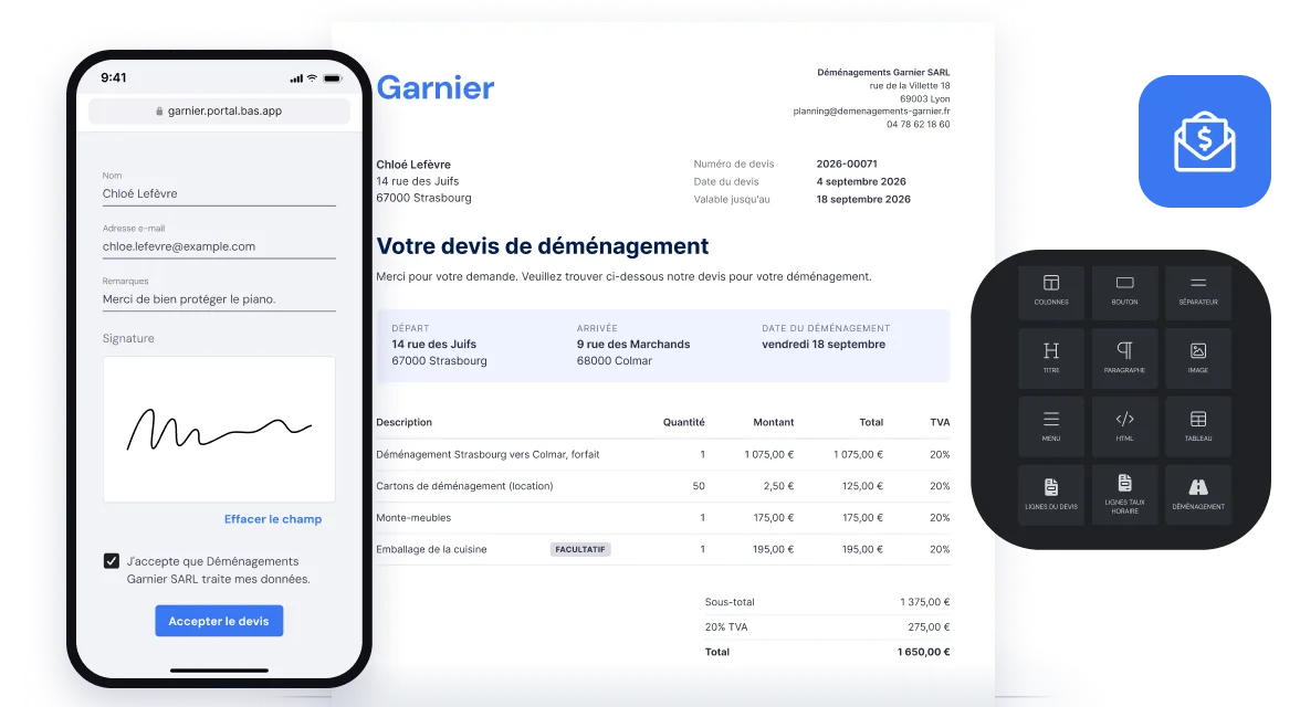 Un devis aux couleurs du déménageur, l’éditeur de modèles de Bas et le client qui accepte le devis en ligne sur son téléphone