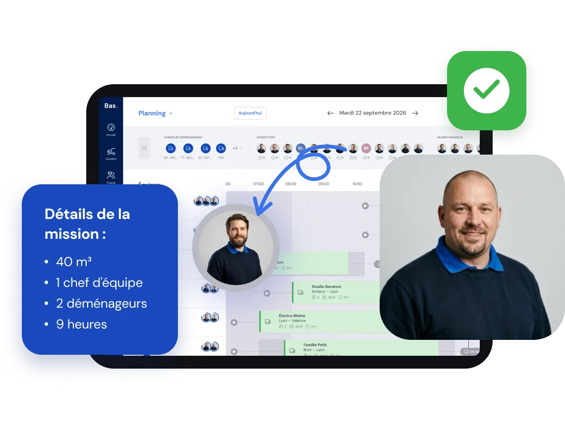 Planning dans Bas : glisser un déménageur sur la mission, avec les détails à côté