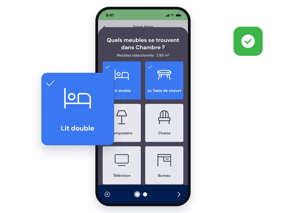 Choisir les meubles par pièce lors d’une visite technique dans l’application Bas