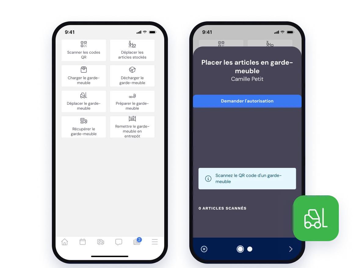 L’application employé pour le garde-meuble : charger, décharger, déplacer et scanner