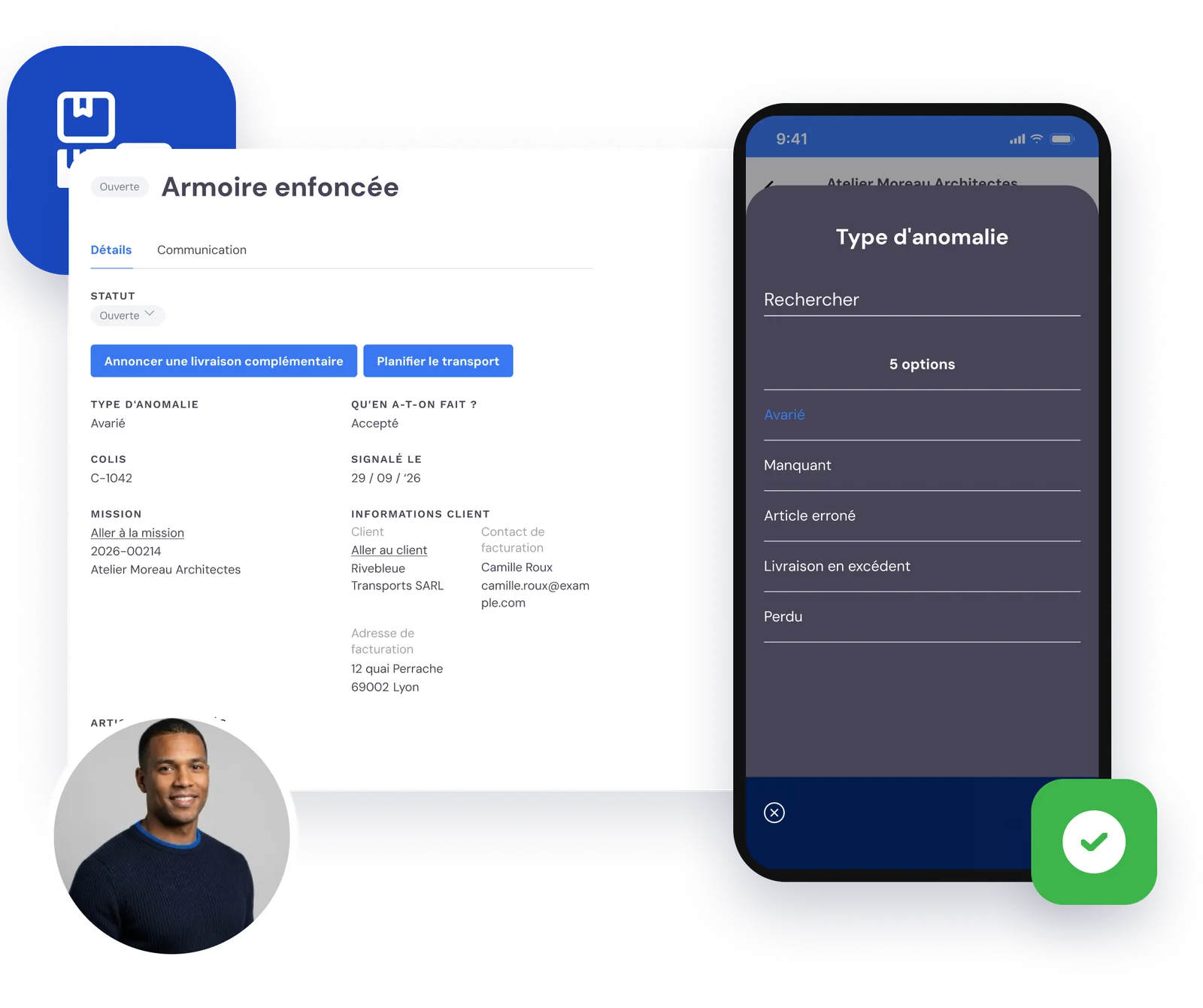 Une armoire à dossiers endommagée signalée comme anomalie, avec les types d’anomalie dans l’application
