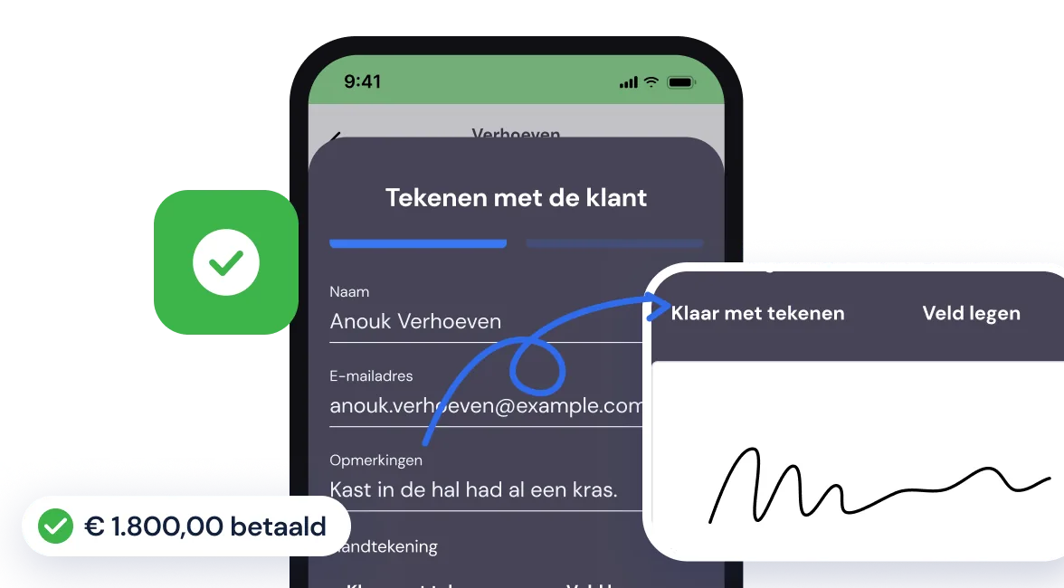 De voorman laat de klant tekenen in de app en het bedrag is betaald